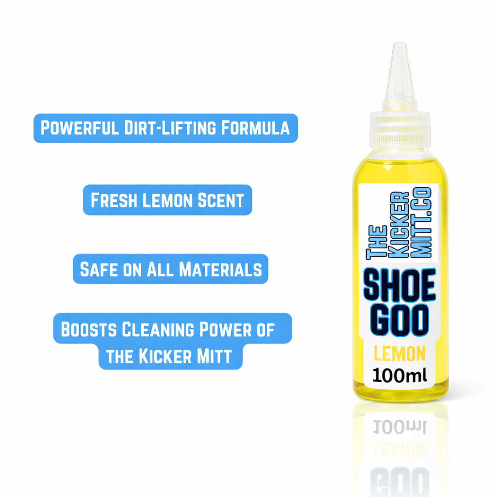 Shoe Goo bottle with features listed on a white background