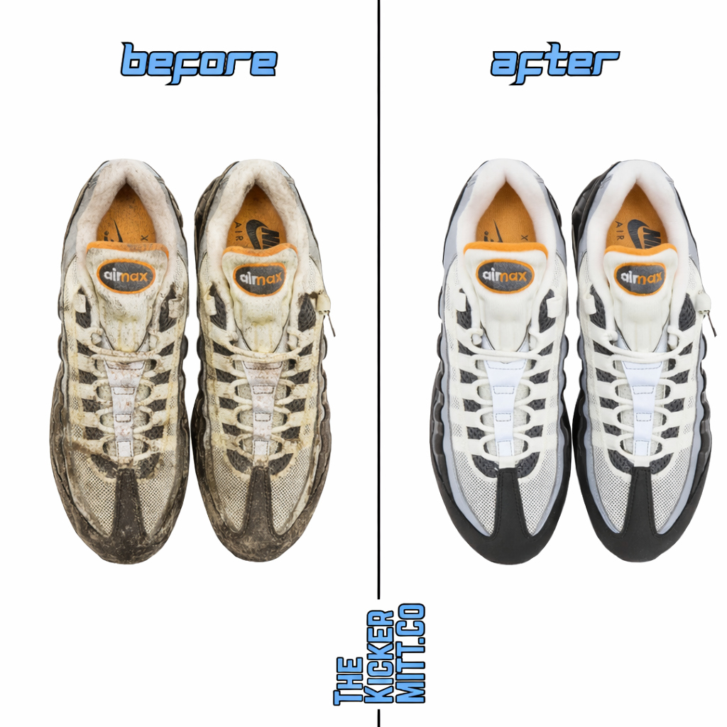 Before and after comparison of a pair of sneakers with 'The Kicker Mill' branding.