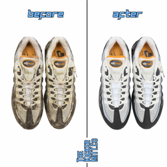 Before and after comparison of a pair of sneakers with 'The Kicker Mitt' branding.