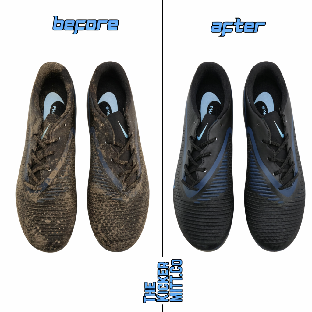 Before and after comparison of dirty shoes cleaned by The Kicker Mitt Co.