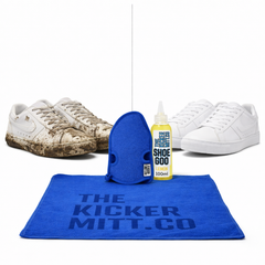 Cleaning kit for shoes with a blue towel, bottle of shoe cleaner, and white sneakers on a white background.