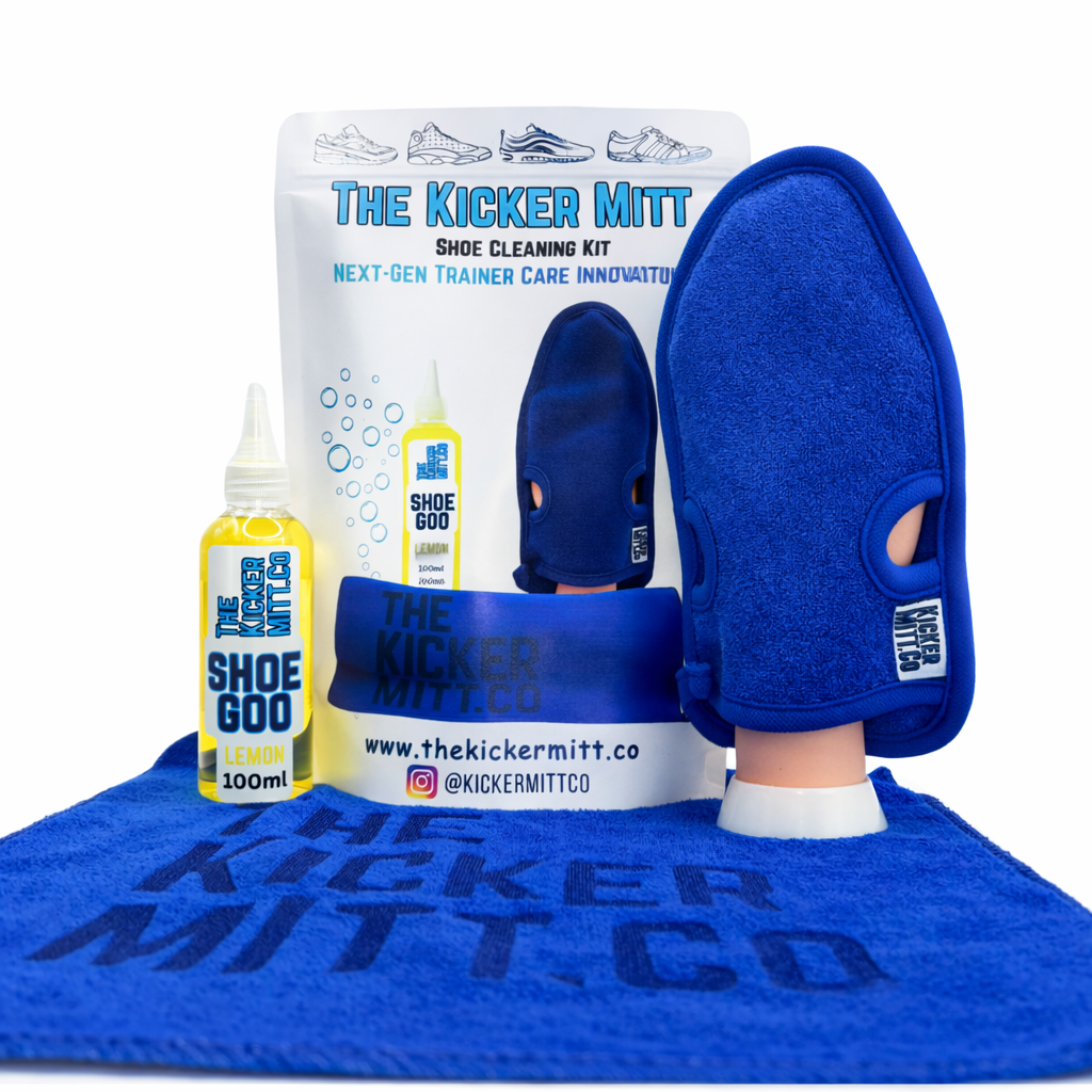The Kicker Mitt shoe cleaning kit with blue mitt, bottles, and towel on a white background