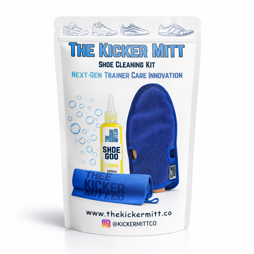 Kicker Mitt shoe cleaning kit packaging with cleaning solution, towel, and trainer on a white background