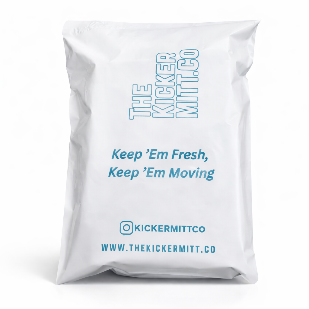 White bag with blue text and branding on a white background
