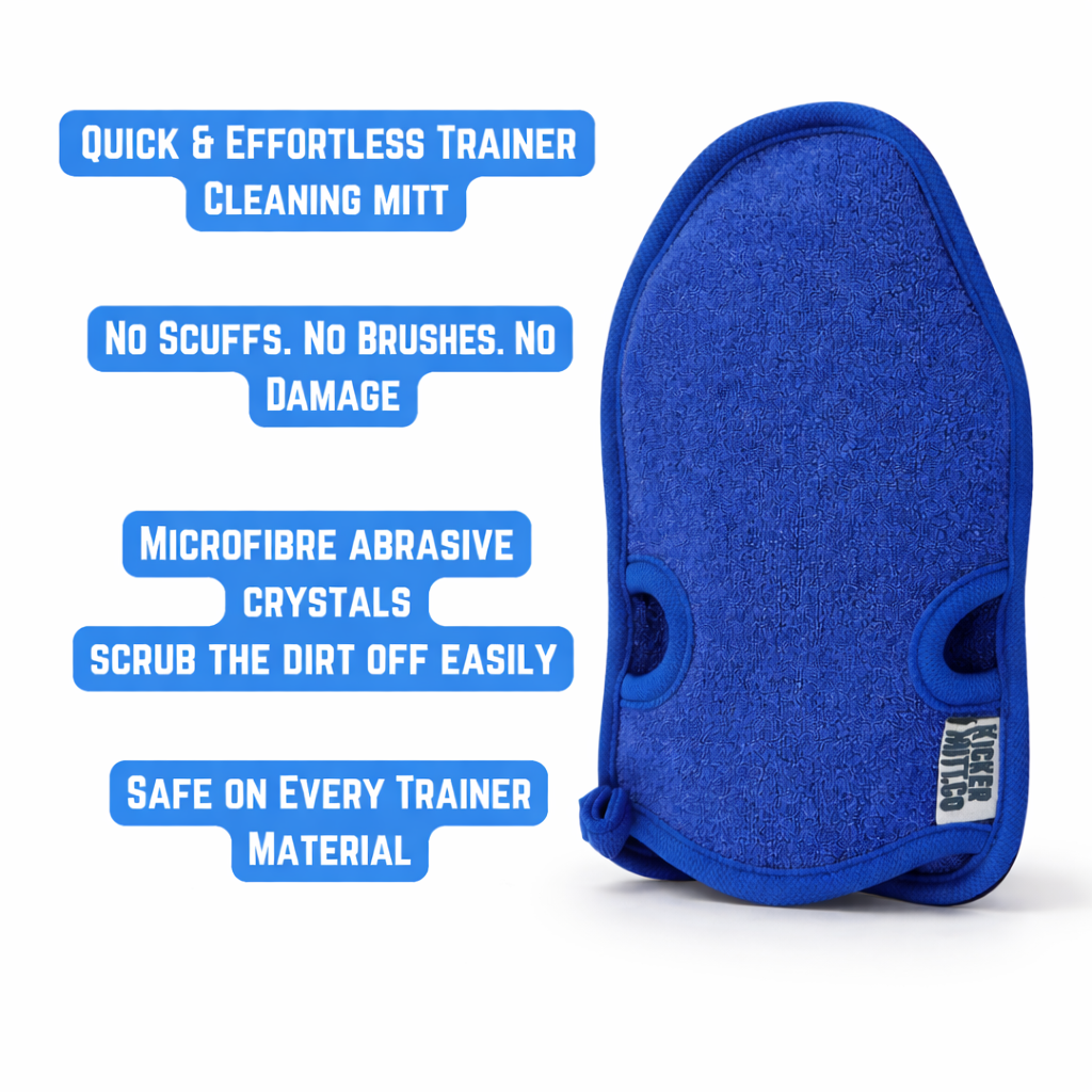 Blue cleaning mitt with text highlighting its features on a white background