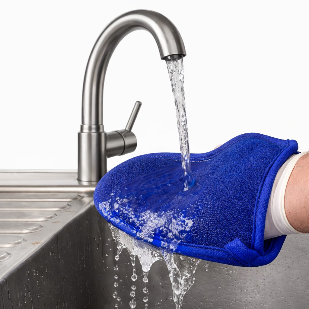 Blue kicker mitt being rinsed under running water from a faucet
