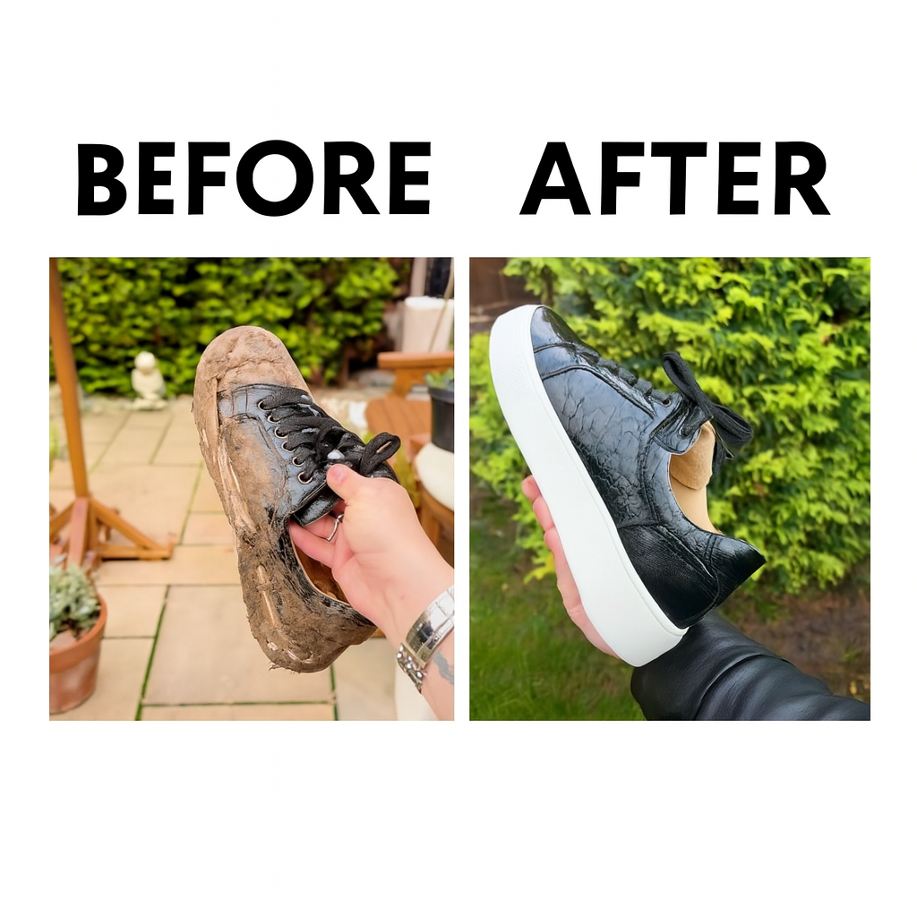 The Kicker Mitt Complete Shoe Cleaning Kit including blue mitt, branded microfibre towel, and lemon Shoe Goo cleaner in packaging