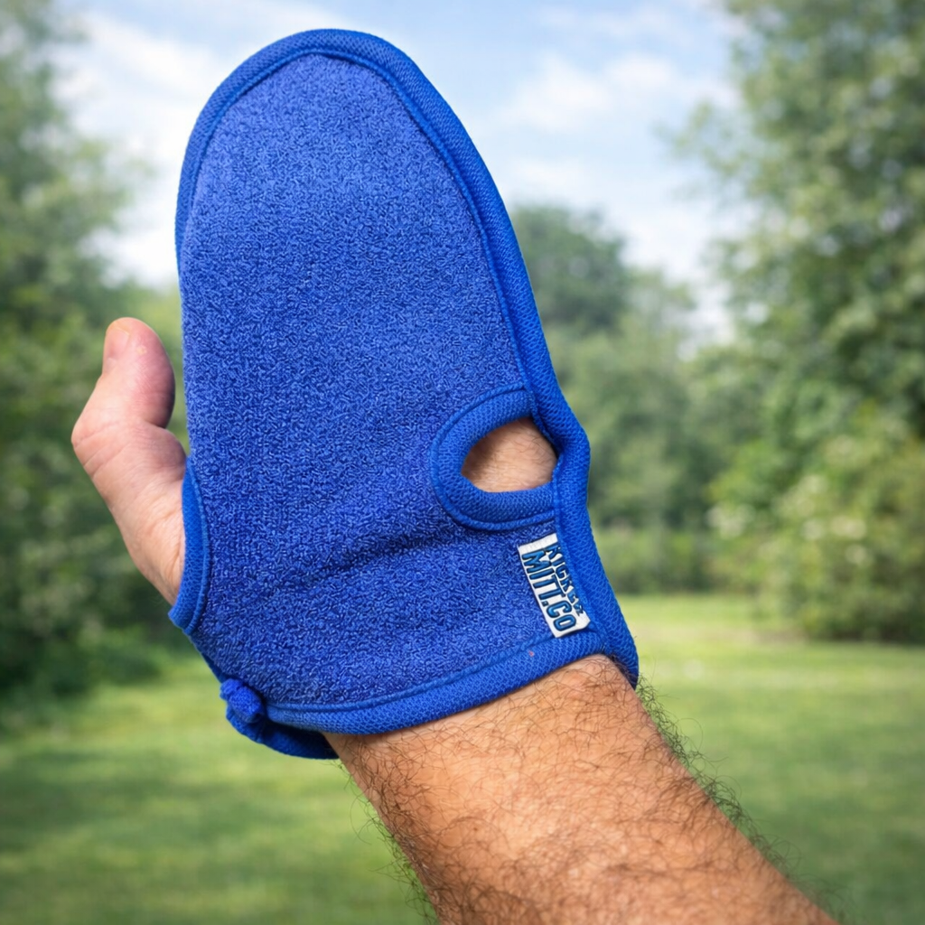 Blue cleaning glove held in a hand with a blurred green outdoor background