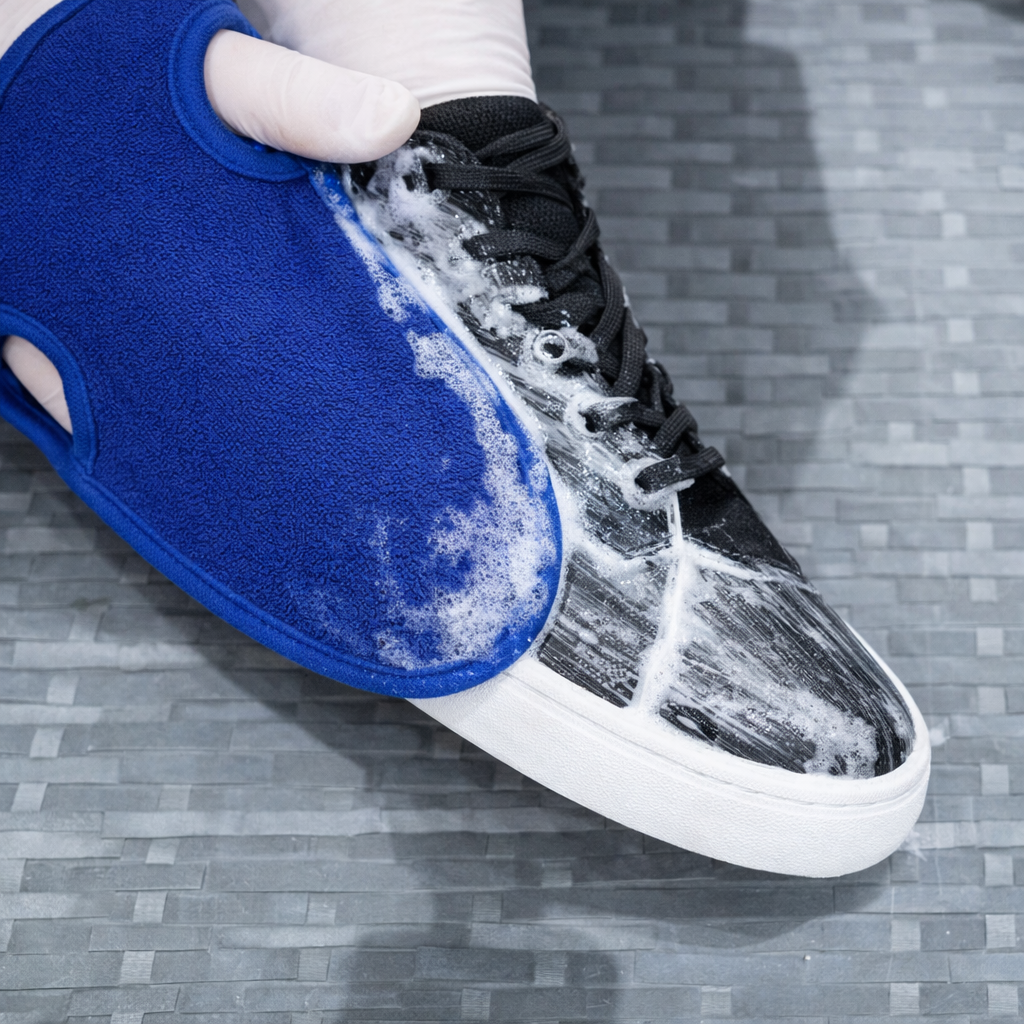 Blue and black sneaker with white sole bring cleaned with a cleaning glove