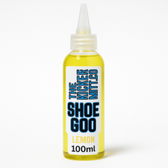 Bottle of Lemon Shoe Goo with 'The Kicker Mitt Co.' label on a white background